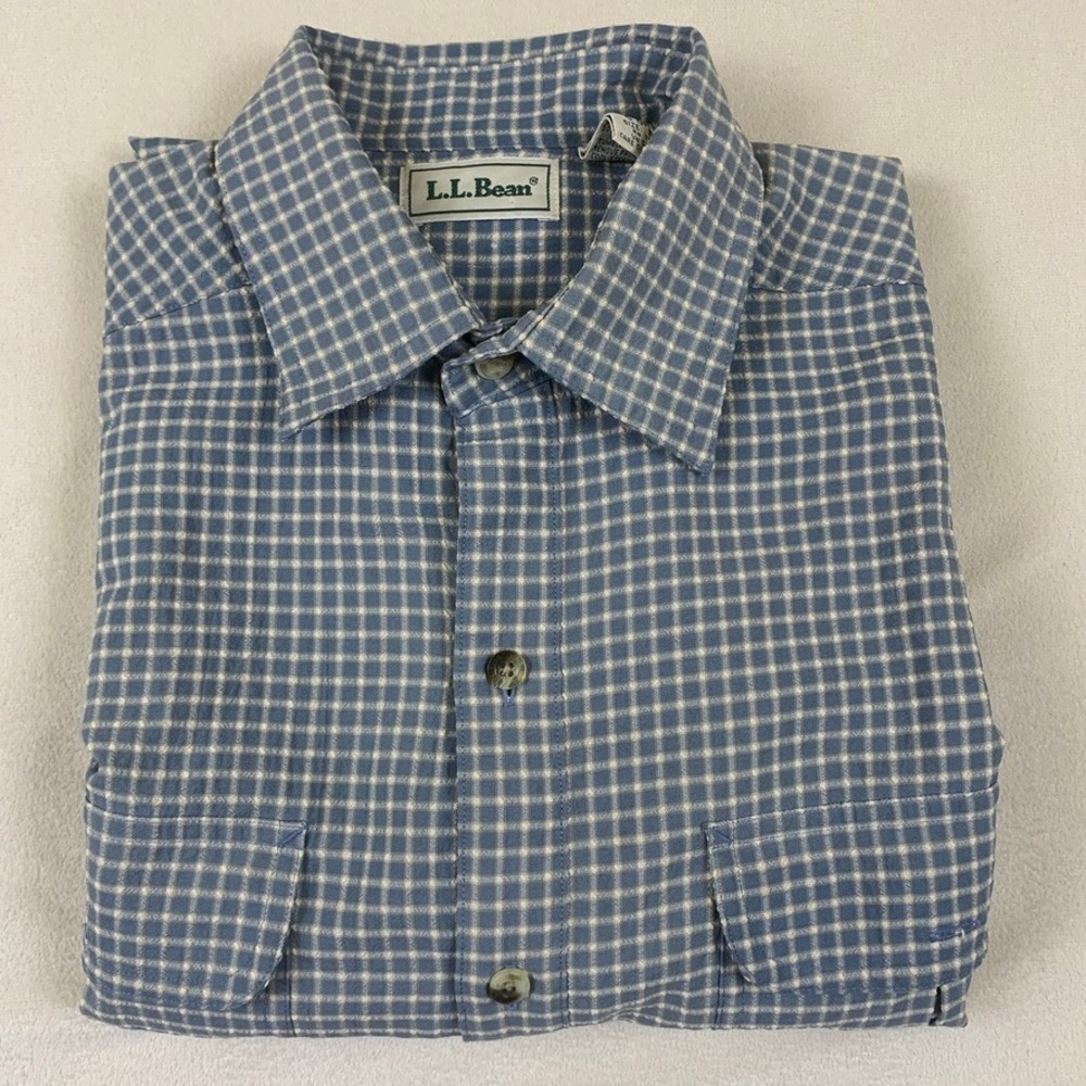 LL Bean Mens Medium Tall Blue Check Long Sleeve Button Down Shirt 0GR89 Pocket - Picture 9 of 9